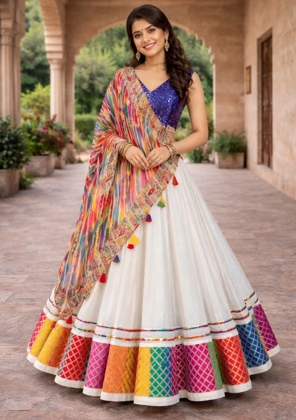 White Chaniya with Multicolor Dupatta